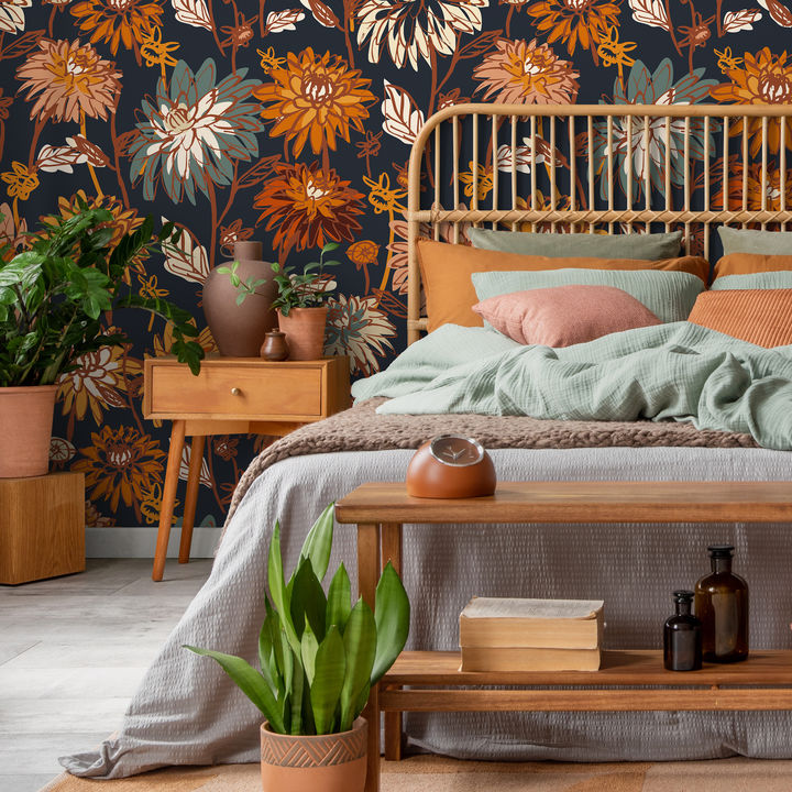 Floral Wallpaper with a Vintage Dahlia Motif in Orange, Yellow, and Blue - C693