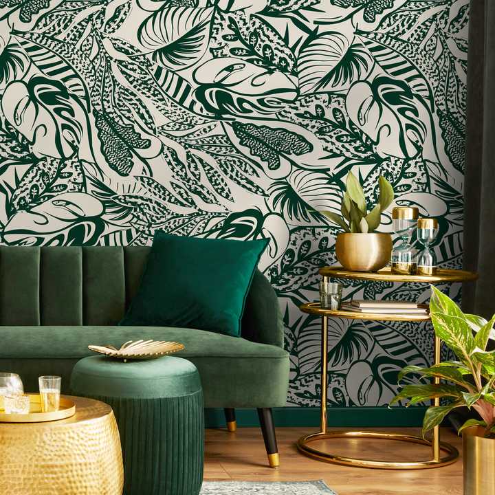 Abstract Wallpaper with a Bold Leaf Motif in Green and Cream - C706