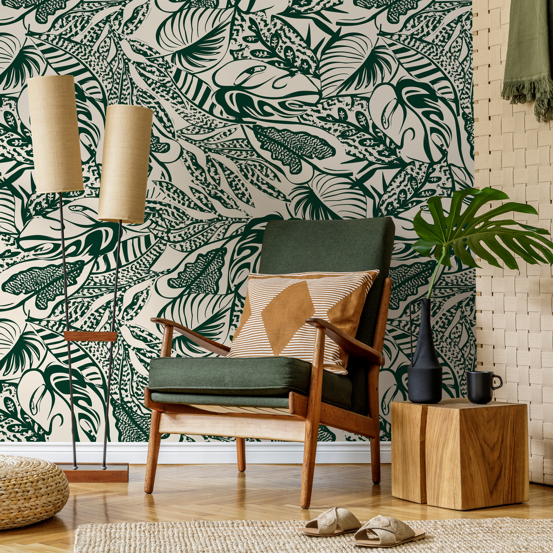 Abstract Wallpaper with a Bold Leaf Motif in Green and Cream - C706