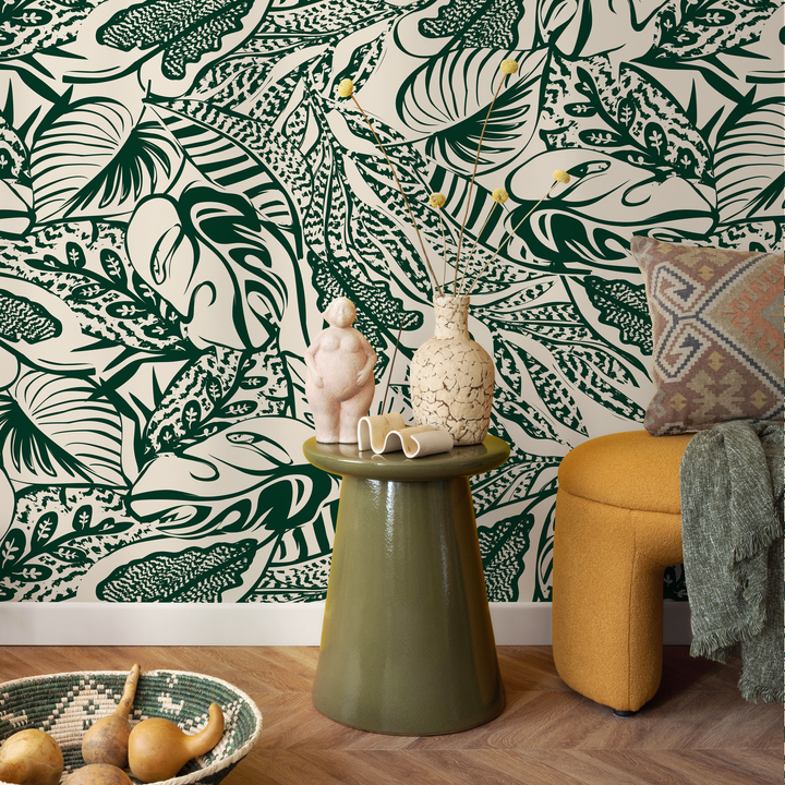 Abstract Wallpaper with a Bold Leaf Motif in Green and Cream - C706