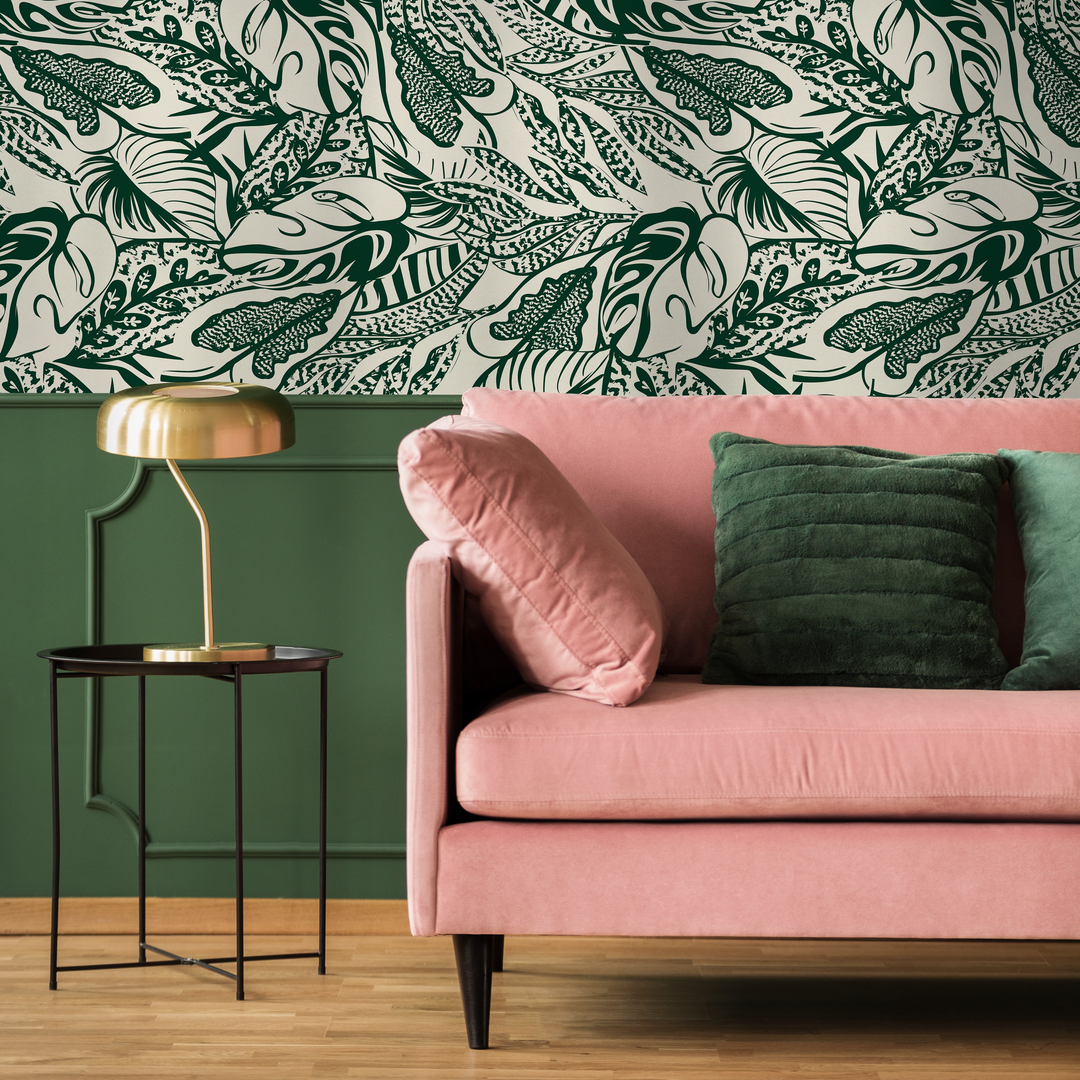 Abstract Wallpaper with a Bold Leaf Motif in Green and Cream - C706