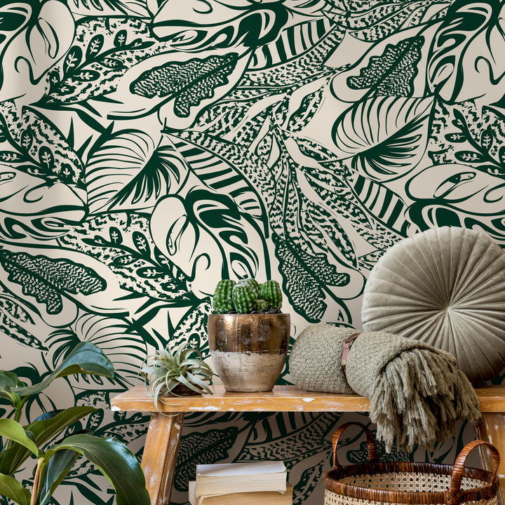Abstract Wallpaper with a Bold Leaf Motif in Green and Cream - C706