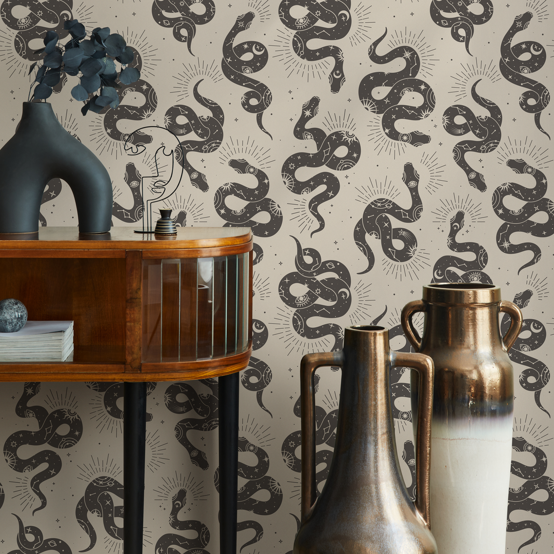 Celestial Wallpaper with Mystical Snakes and Moons in Gray - C723