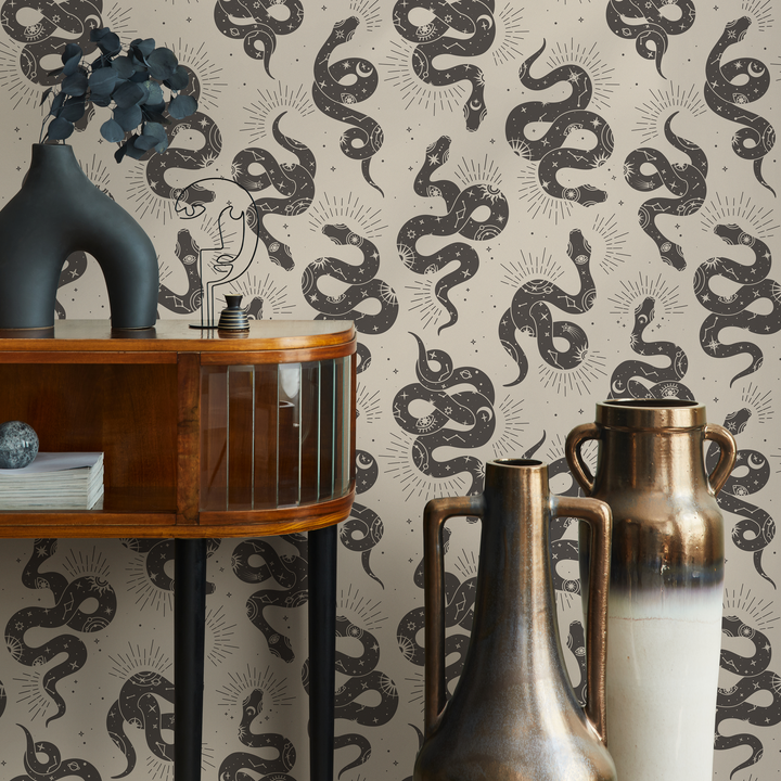 Celestial Wallpaper with Mystical Snakes and Moons in Gray - C723