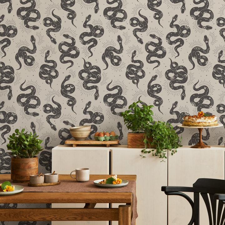Celestial Wallpaper with Mystical Snakes and Moons in Gray - C723