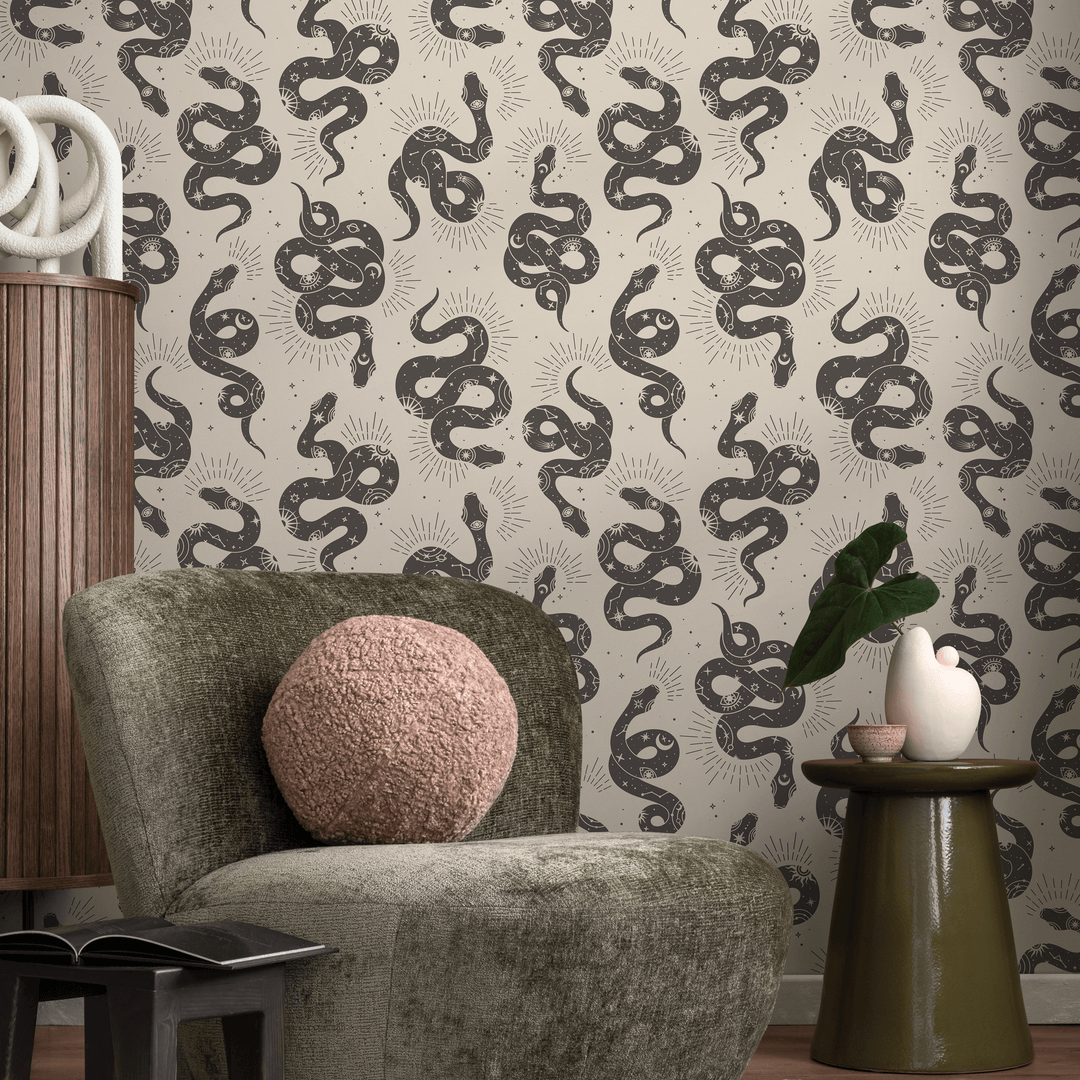 Celestial Wallpaper with Mystical Snakes and Moons in Gray - C723