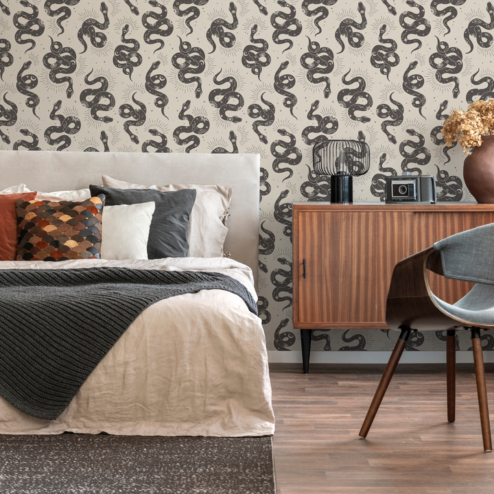Celestial Wallpaper with Mystical Snakes and Moons in Gray - C723