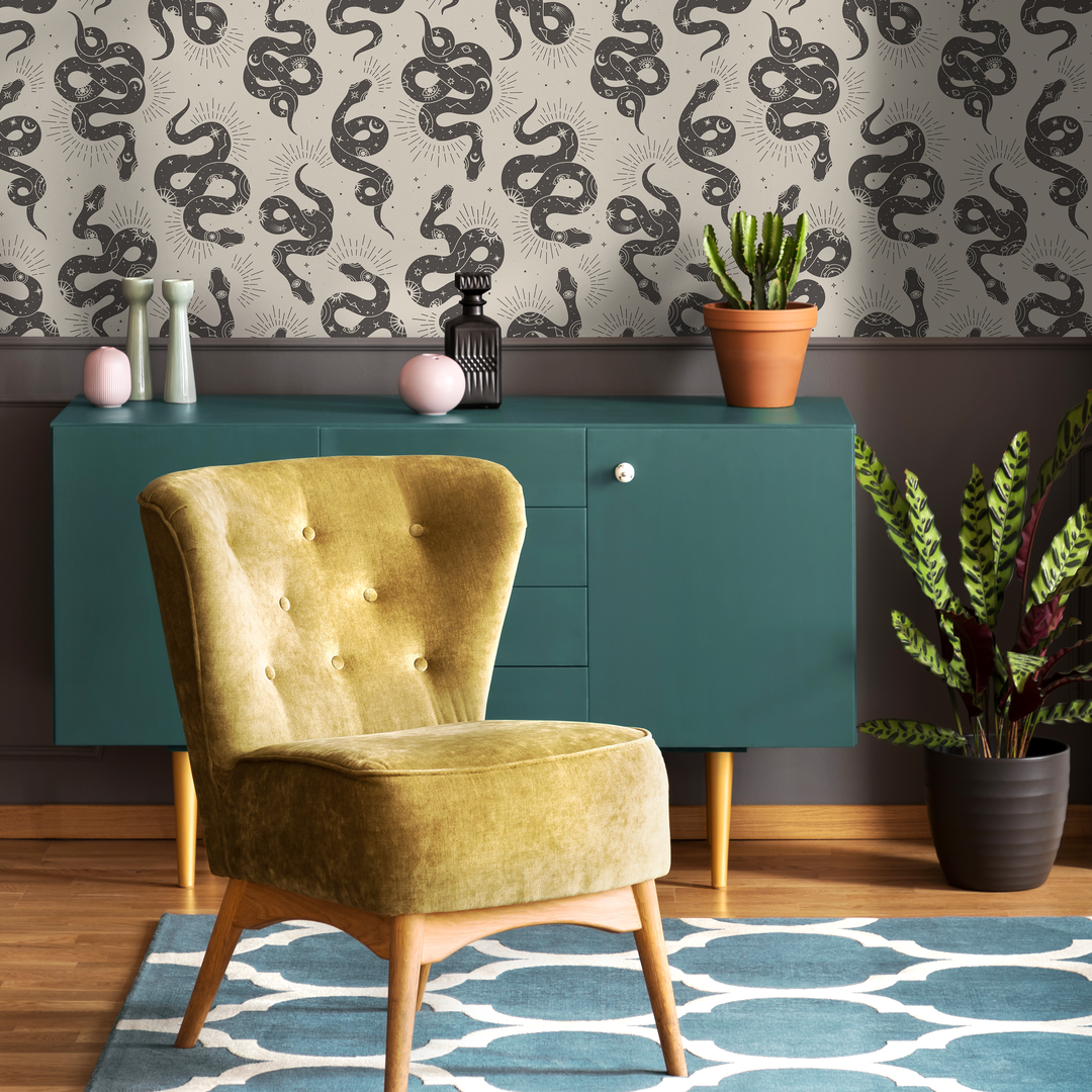 Celestial Wallpaper with Mystical Snakes and Moons in Gray - C723