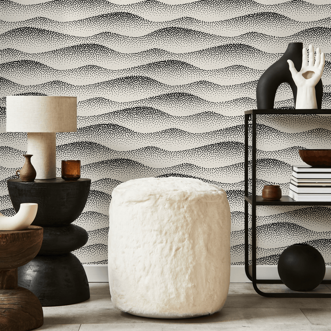 Abstract Wallpaper with Wavy Dotted Lines in Black and Cream - C731
