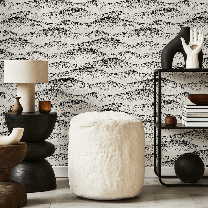 Abstract Wallpaper with Wavy Dotted Lines in Black and Cream - C731