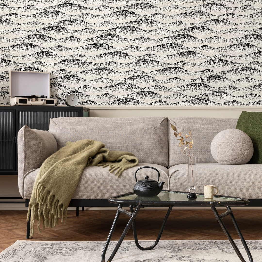 Abstract Wallpaper with Wavy Dotted Lines in Black and Cream - C731