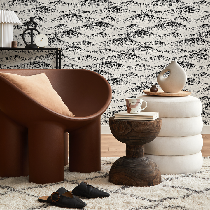 Abstract Wallpaper with Wavy Dotted Lines in Black and Cream - C731