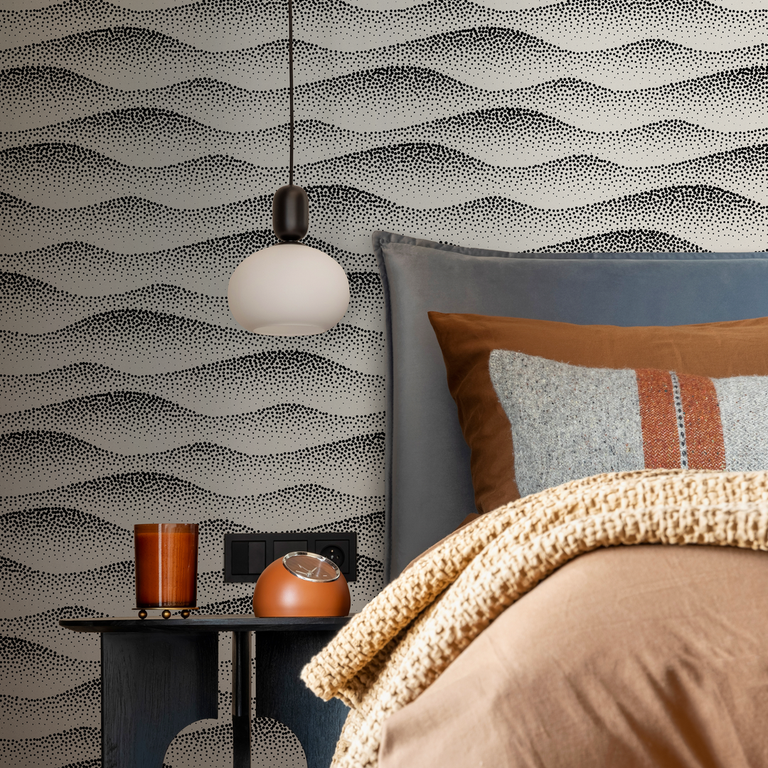 Abstract Wallpaper with Wavy Dotted Lines in Black and Cream - C731