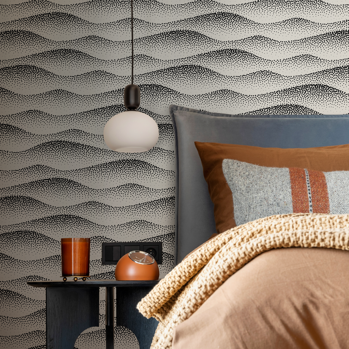 Abstract Wallpaper with Wavy Dotted Lines in Black and Cream - C731