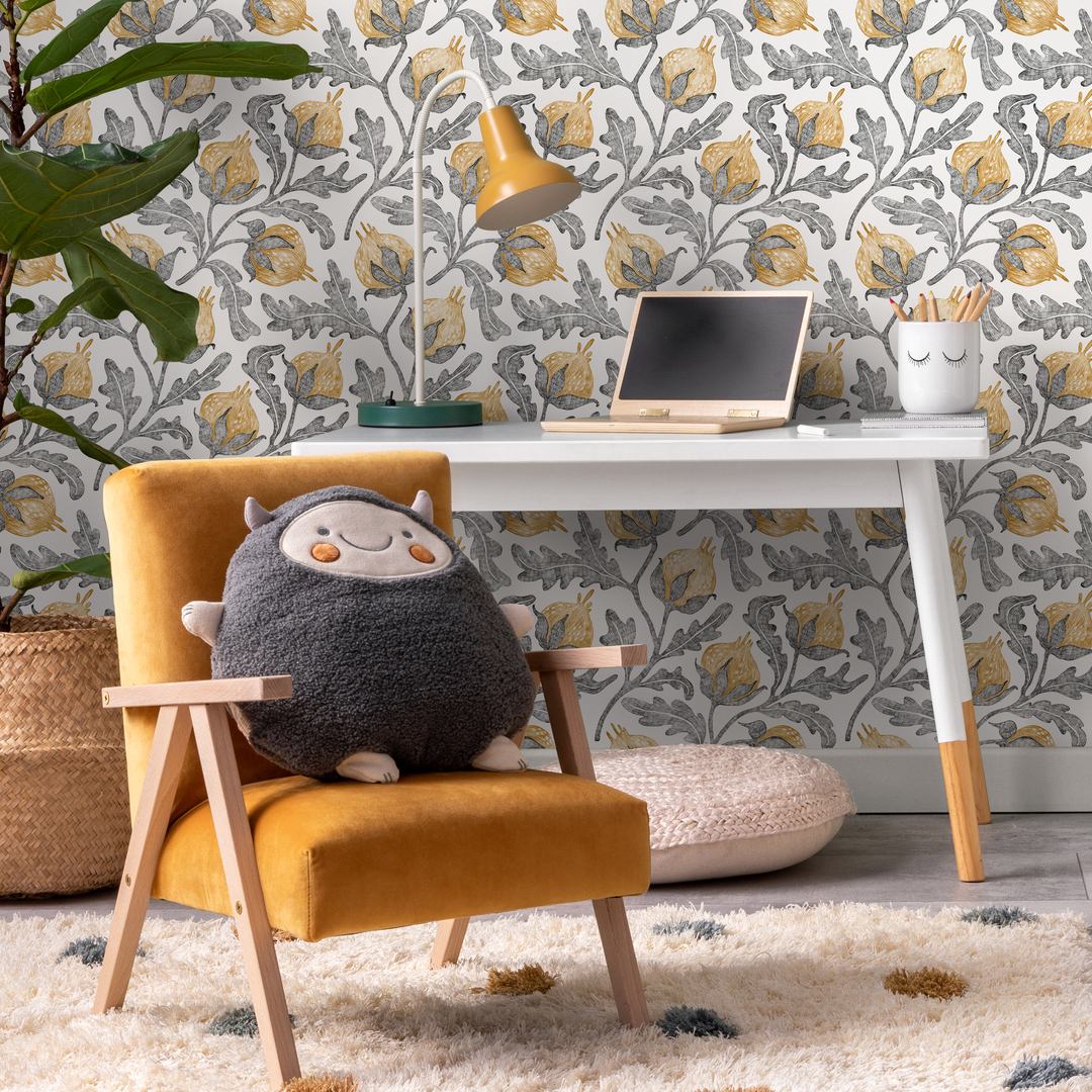 Vintage Floral Wallpaper with a Pomegranate Motif in Yellow and Gray - C829