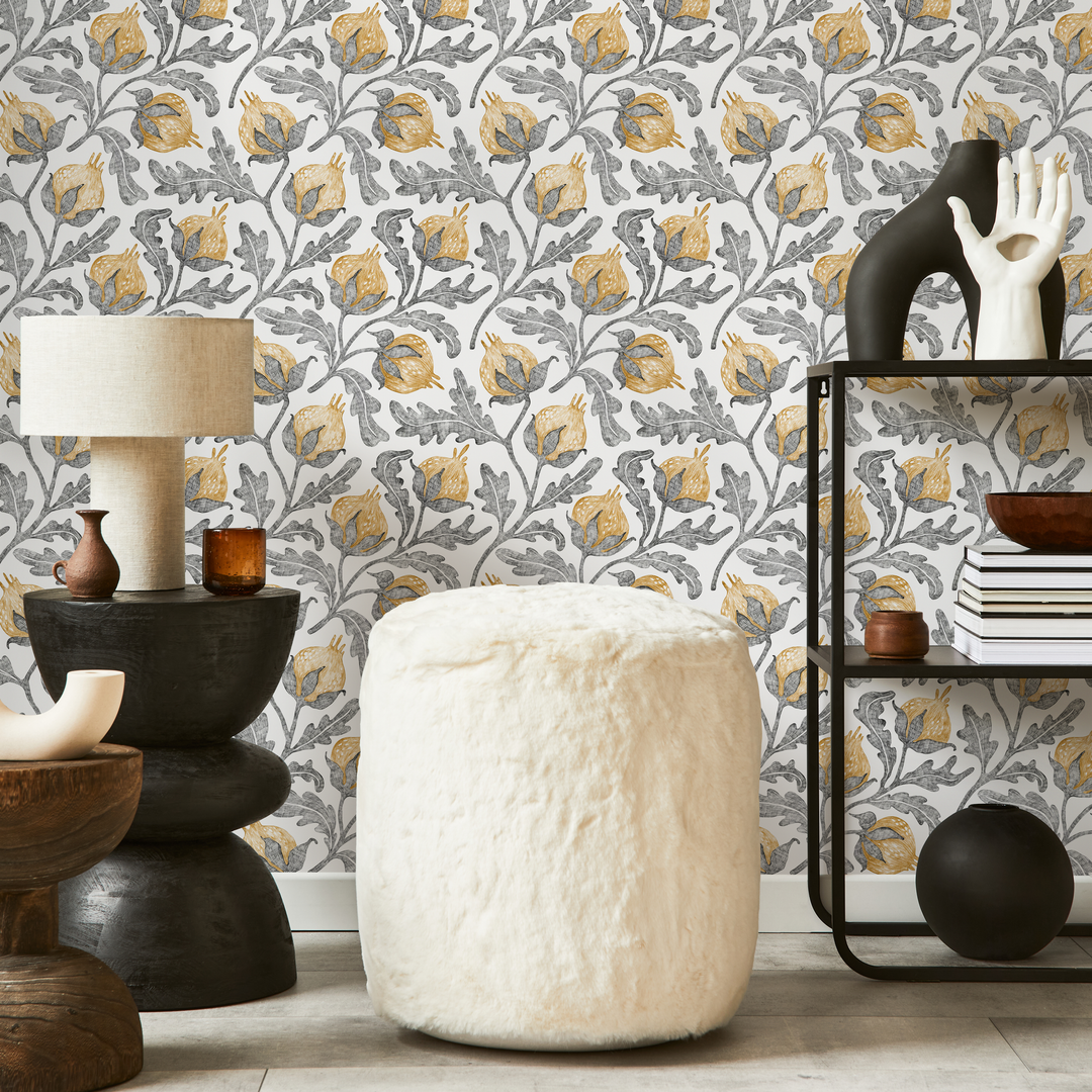 Vintage Floral Wallpaper with a Pomegranate Motif in Yellow and Gray - C829