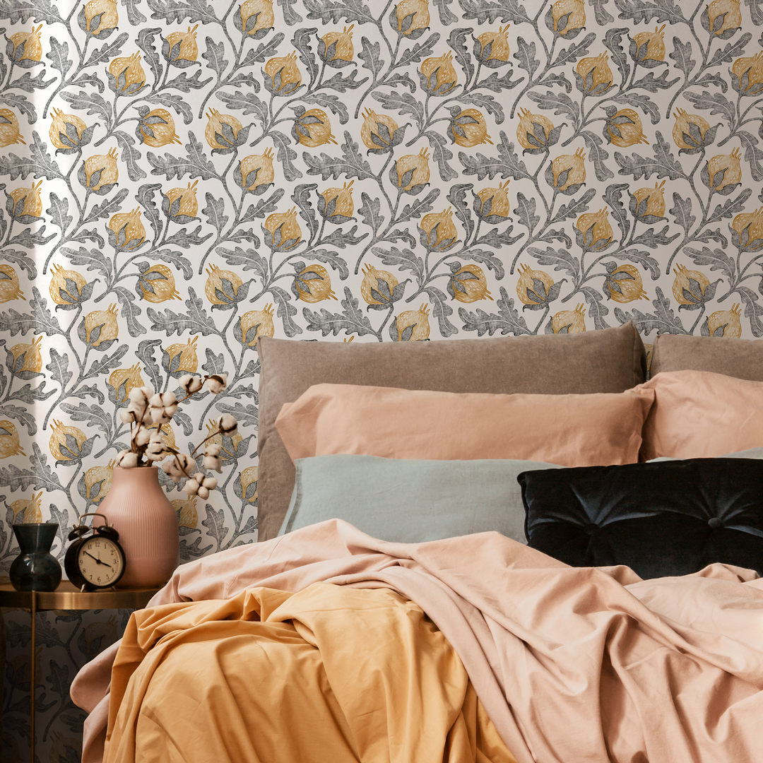 Vintage Floral Wallpaper with a Pomegranate Motif in Yellow and Gray - C829