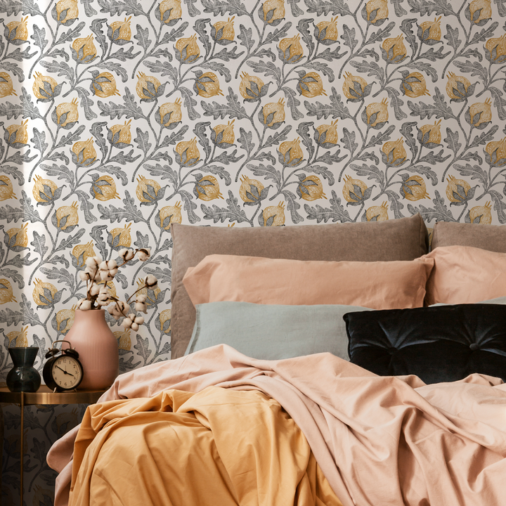 Vintage Floral Wallpaper with a Pomegranate Motif in Yellow and Gray - C829