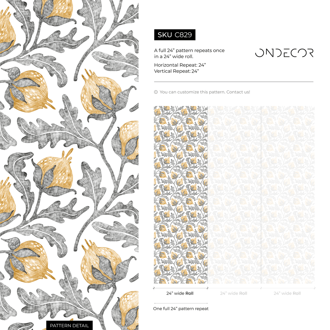 Vintage Floral Wallpaper with a Pomegranate Motif in Yellow and Gray - C829