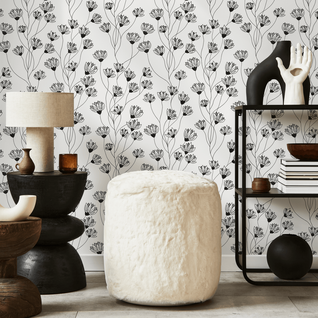 Floral Wallpaper with a Delicate Wildflower Motif in Black and White - C839
