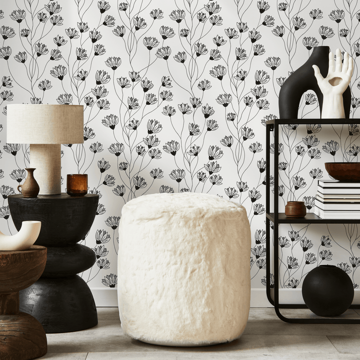 Floral Wallpaper with a Delicate Wildflower Motif in Black and White - C839
