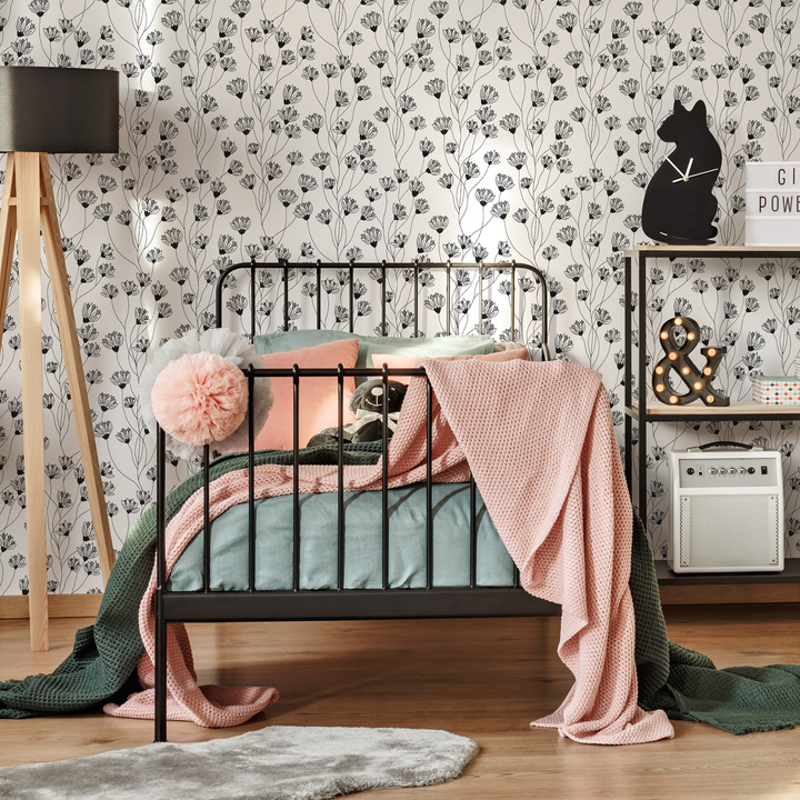 Floral Wallpaper with a Delicate Wildflower Motif in Black and White - C839