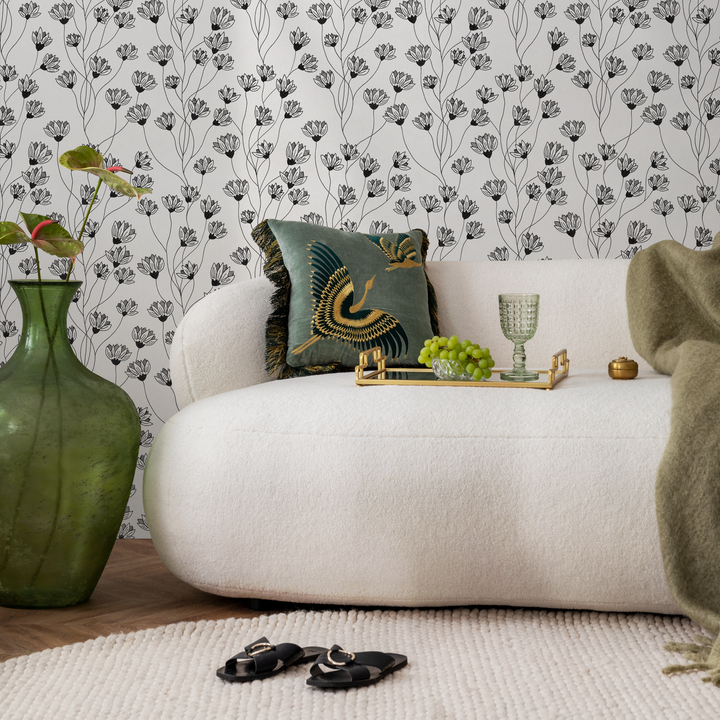 Floral Wallpaper with a Delicate Wildflower Motif in Black and White - C839