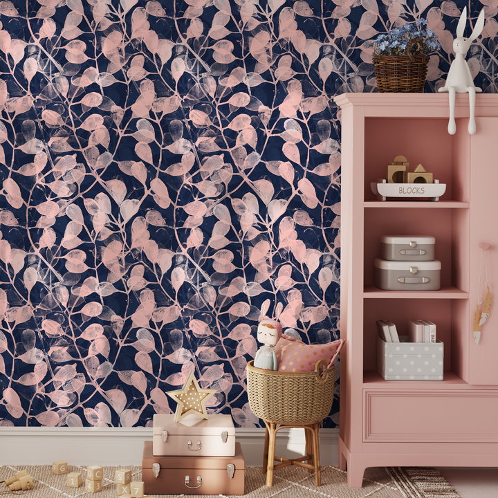 Botanical Wallpaper with a Stamped Leaf Motif in Navy and Pink - C873