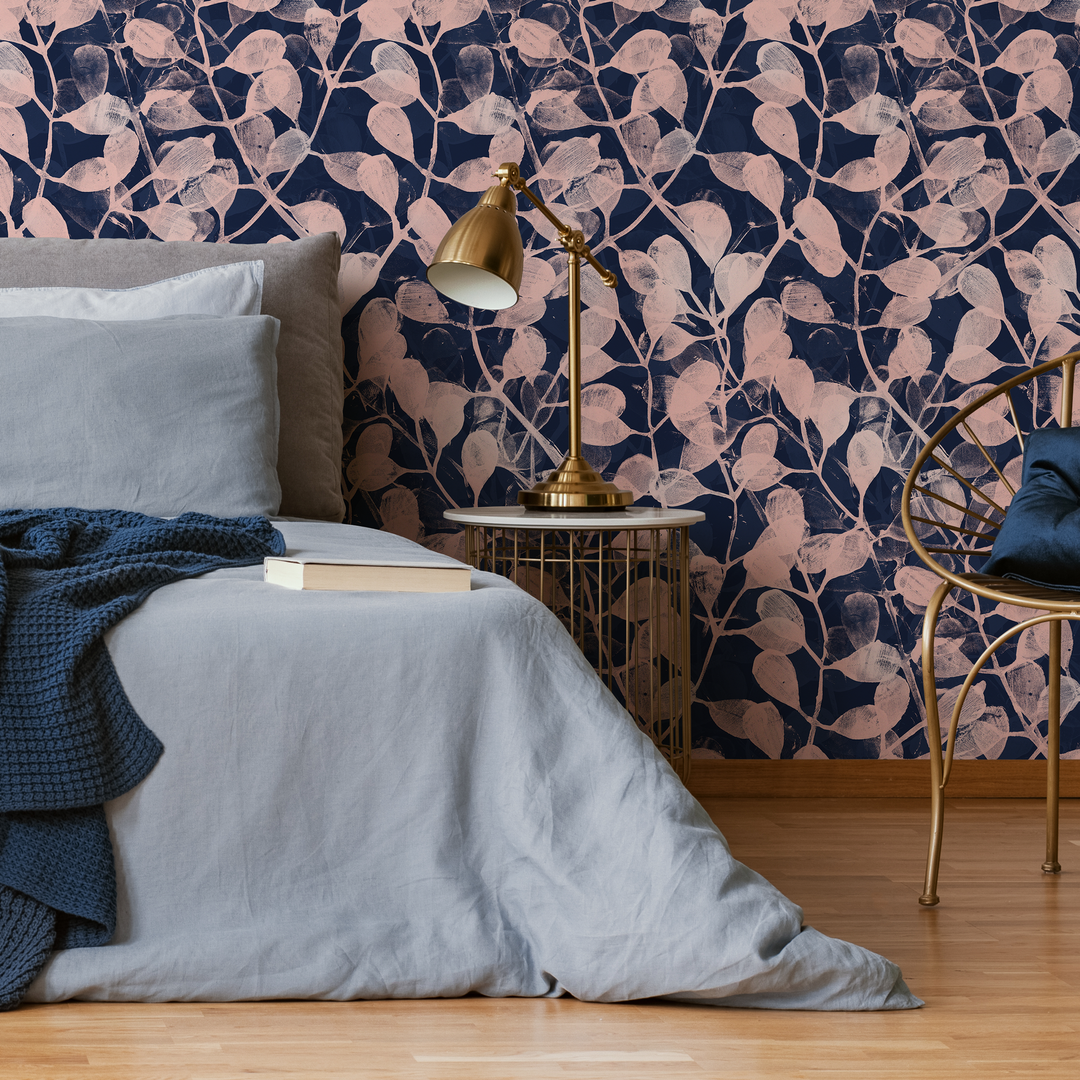 Botanical Wallpaper with a Stamped Leaf Motif in Navy and Pink - C873