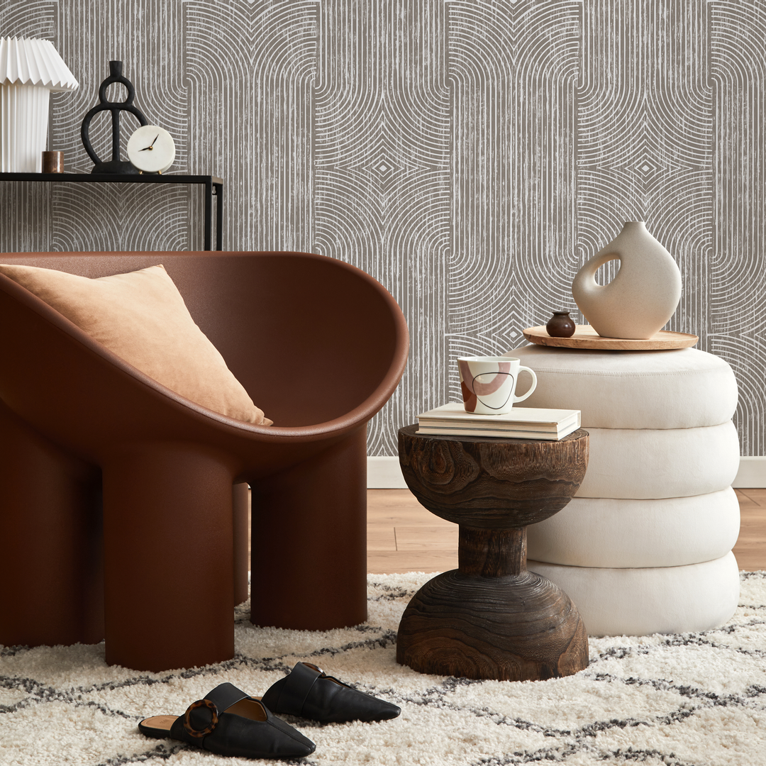Abstract Wallpaper with Distressed Art Deco Arches in Taupe and Beige - C926