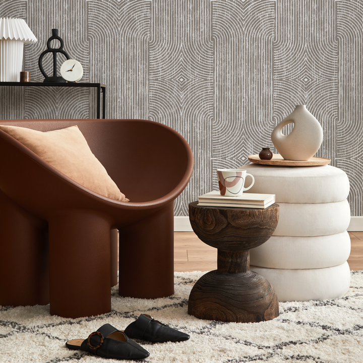 Abstract Wallpaper with Distressed Art Deco Arches in Taupe and Beige - C926