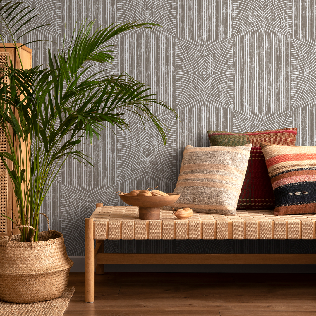 Abstract Wallpaper with Distressed Art Deco Arches in Taupe and Beige - C926