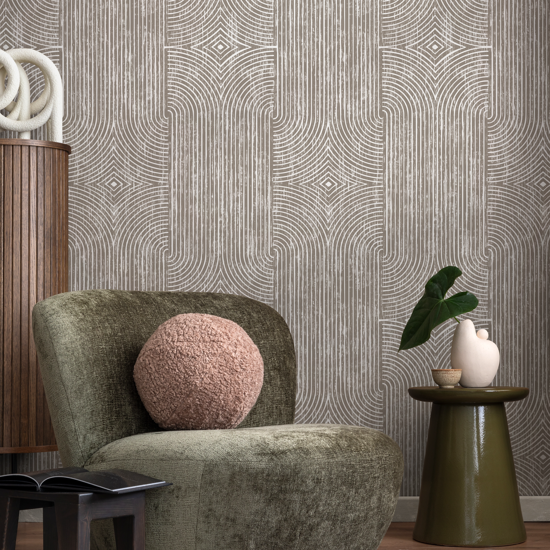 Abstract Wallpaper with Distressed Art Deco Arches in Taupe and Beige - C926