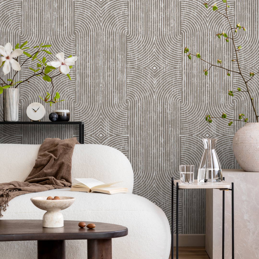 Abstract Wallpaper with Distressed Art Deco Arches in Taupe and Beige - C926
