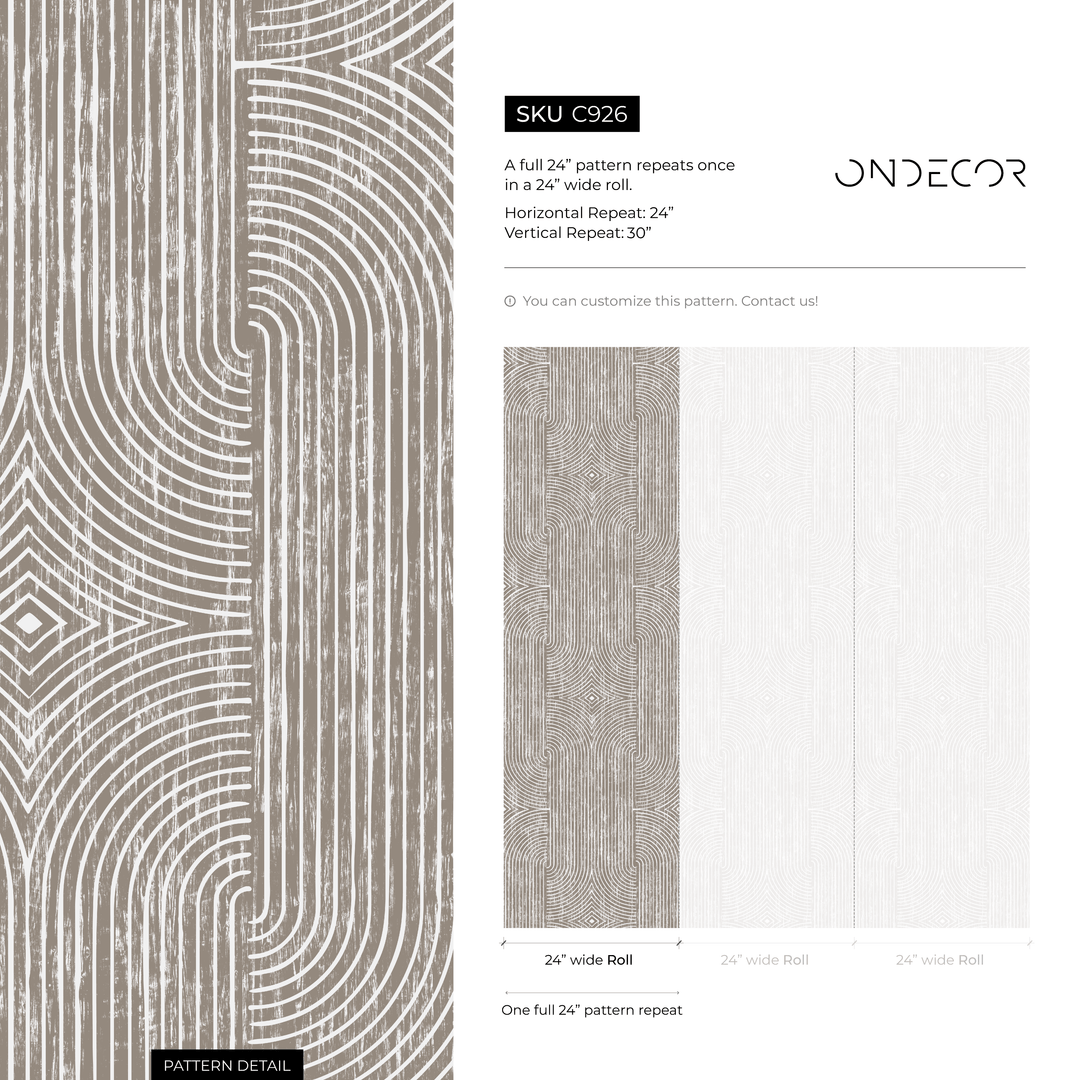 Abstract Wallpaper with Distressed Art Deco Arches in Taupe and Beige - C926