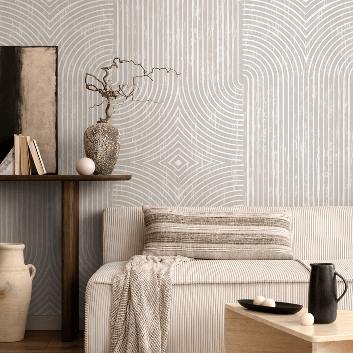 Abstract Wallpaper with Distressed Arches and Lines in Beige and Cream - C927