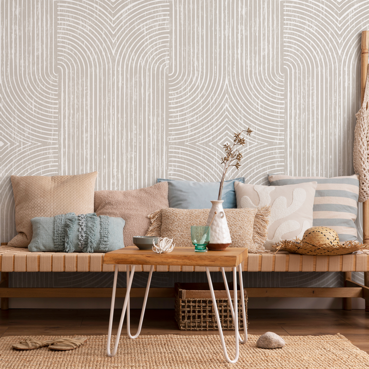 Abstract Wallpaper with Distressed Arches and Lines in Beige and Cream - C927