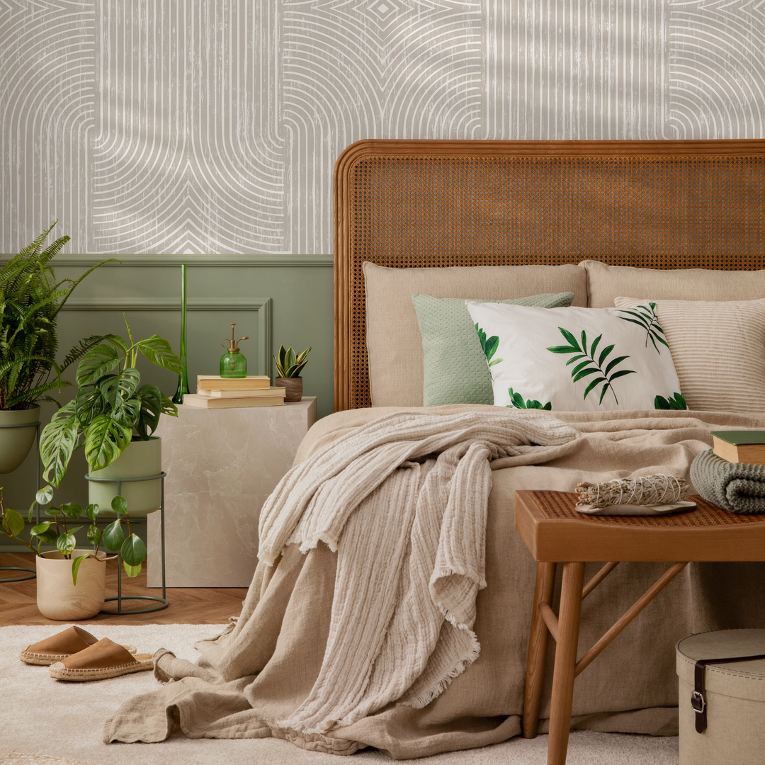 Abstract Wallpaper with Distressed Arches and Lines in Beige and Cream - C927