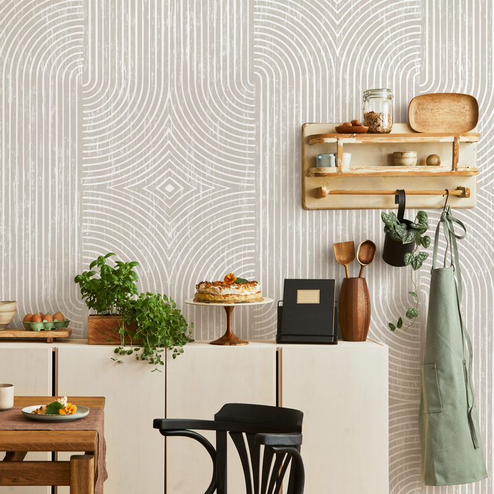 Abstract Wallpaper with Distressed Arches and Lines in Beige and Cream - C927