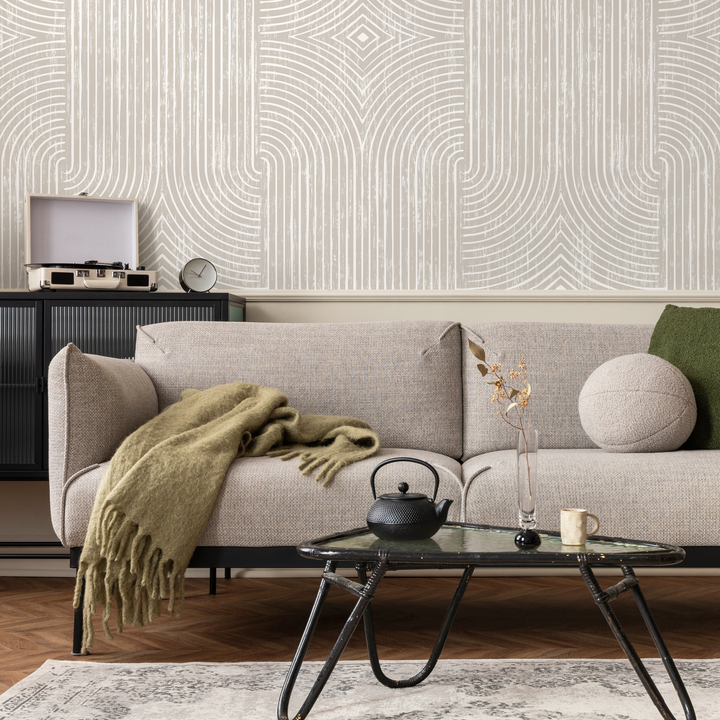 Abstract Wallpaper with Distressed Arches and Lines in Beige and Cream - C927