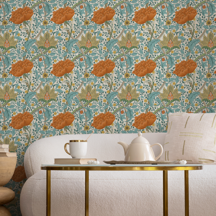 Floral Wallpaper with an Arts and Crafts Motif in Orange, Teal, and Gold - C993