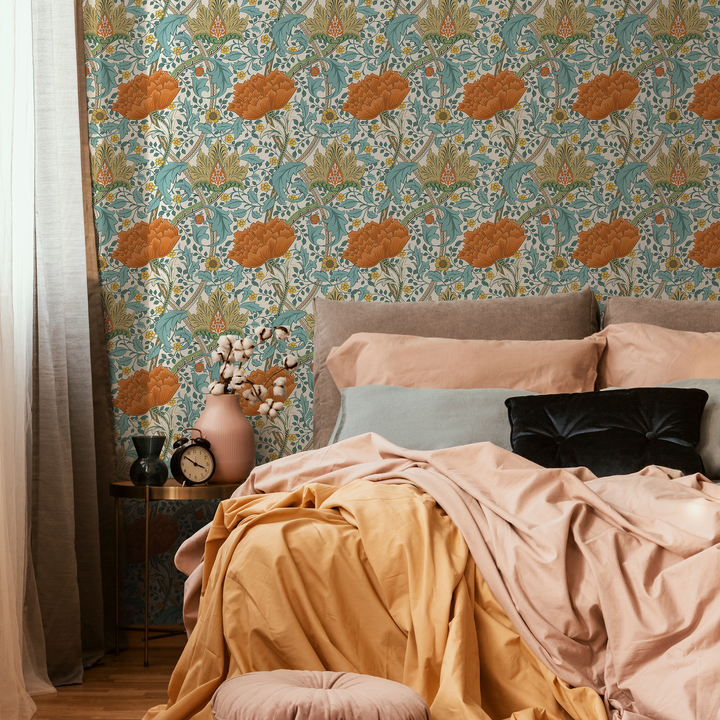 Floral Wallpaper with an Arts and Crafts Motif in Orange, Teal, and Gold - C993