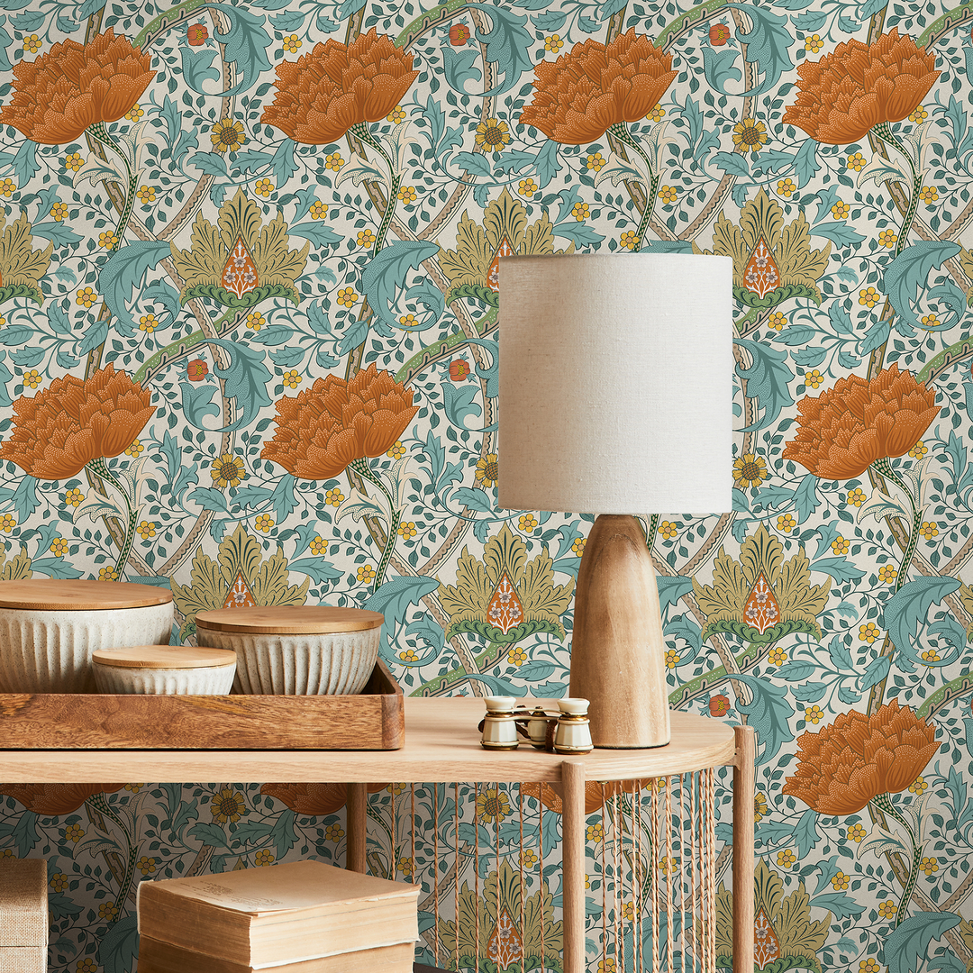 Floral Wallpaper with an Arts and Crafts Motif in Orange, Teal, and Gold - C993