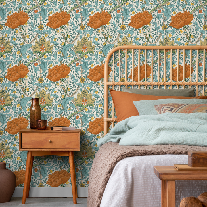 Floral Wallpaper with an Arts and Crafts Motif in Orange, Teal, and Gold - C993