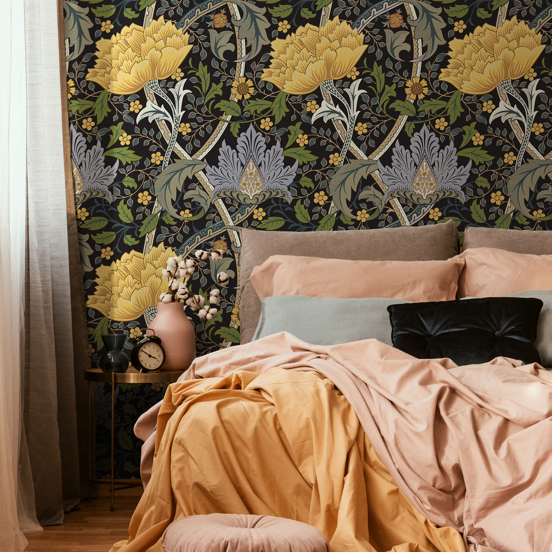 Arts and Crafts Wallpaper with a Floral Trellis in Yellow, Blue, and Green - C997