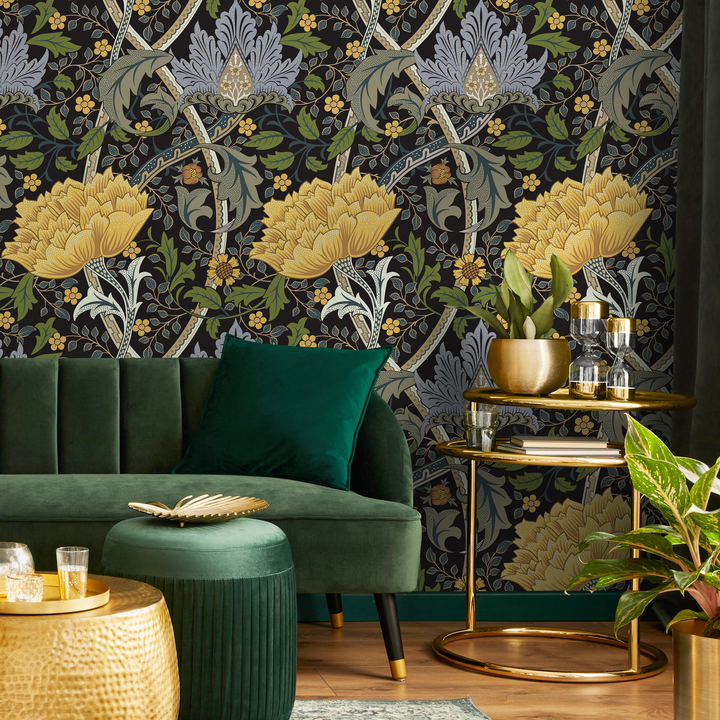 Arts and Crafts Wallpaper with a Floral Trellis in Yellow, Blue, and Green - C997