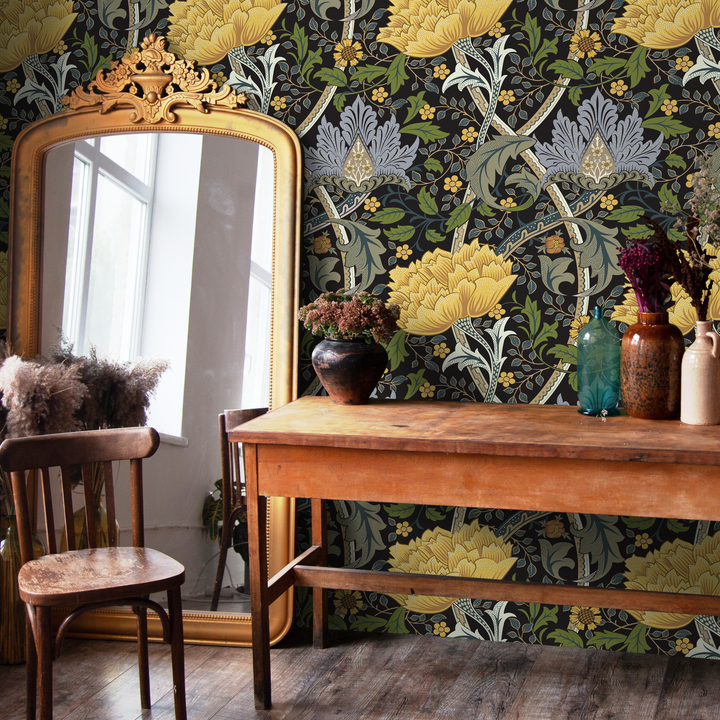 Arts and Crafts Wallpaper with a Floral Trellis in Yellow, Blue, and Green - C997