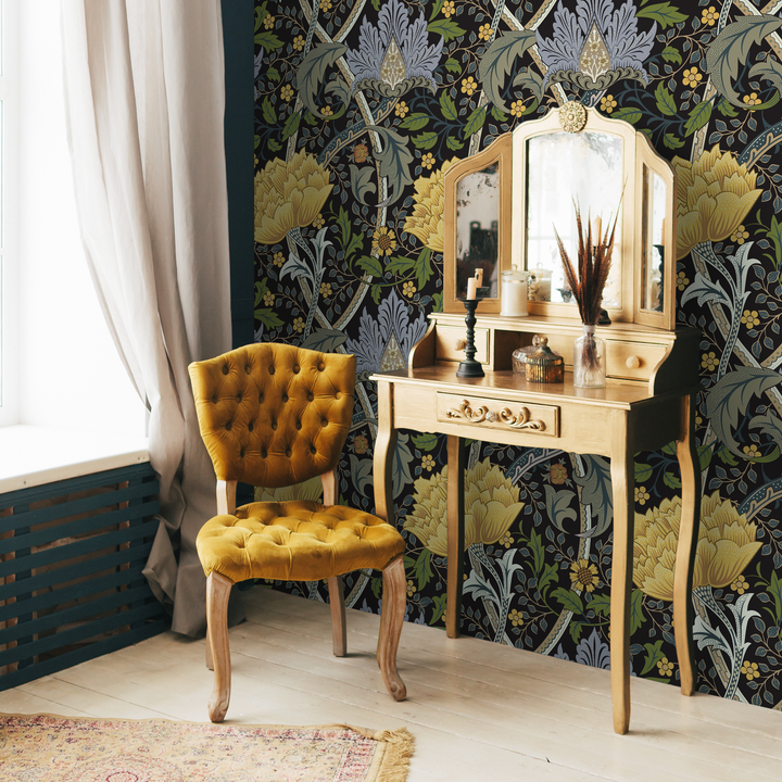 Arts and Crafts Wallpaper with a Floral Trellis in Yellow, Blue, and Green - C997