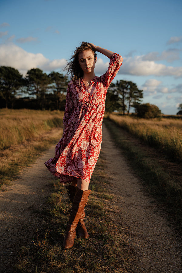 Handblock Print Dress - Red Floral Cotton Dress