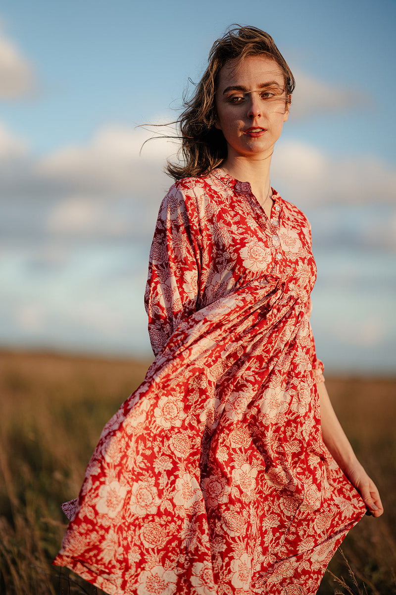 Handblock Print Dress - Red Floral Cotton Dress